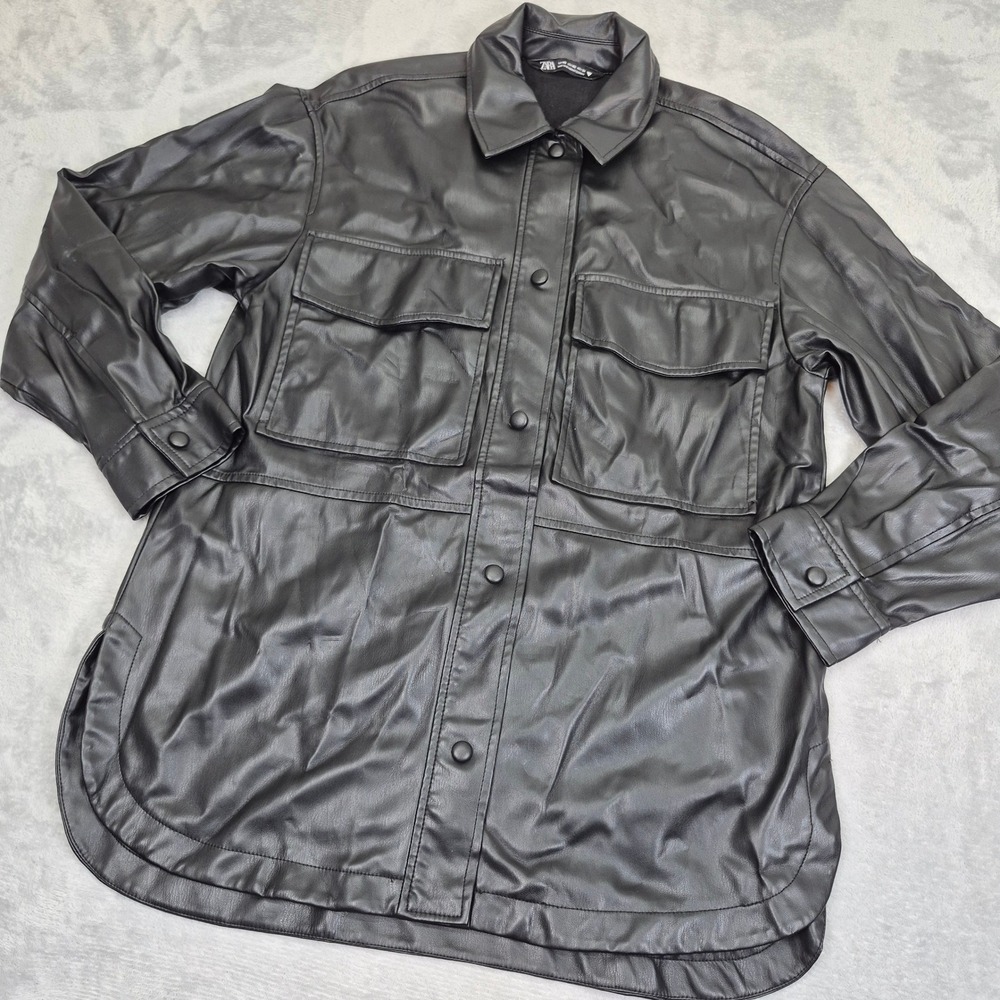 Zara Black Faux Leather Shacket Oversized Shirt Jacket XS Utility Moto Edgy